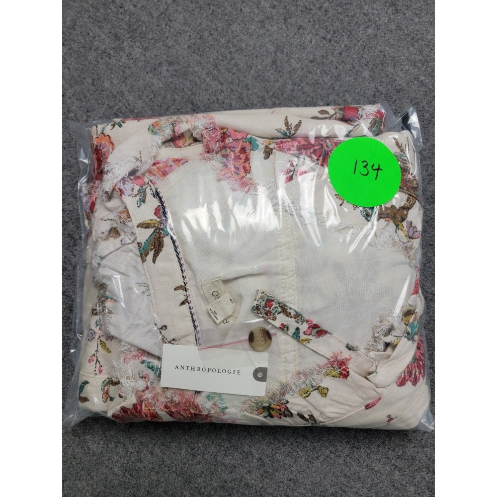 Anthropologie Cream Floral Wrap Midi Dress with Pink & Green Blooms - Picture 9 of 9